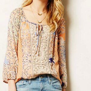 Anthropologie Meadow Rue Sheer Lace Front Patterned Loose Fit Long Top Women XS